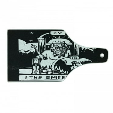 Tarot Cutting Board, Tarot Card for Emperor Woodcut Style Illustration Monochromatic Art, Decorative Tempered Glass Cutting and Serving Board, Wine Bottle Shape, Black and White, by Ambesonne