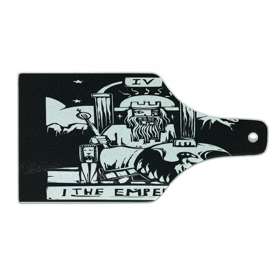 Tarot Cutting Board, Tarot Card for Emperor Woodcut Style Illustration Monochromatic Art, Decorative Tempered Glass Cutting and Serving Board, Wine Bottle Shape, Black and White, by Ambesonne