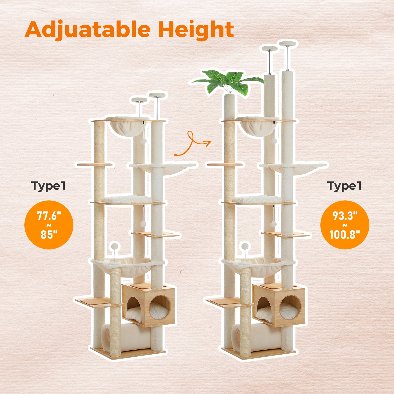 Pefilos Floor to Ceiling Cat Tree 93.3’’-100.8’’ Height Adjustable, Wooden Cat Tower Tall Climbing with Scratching Posts, Condo, Perches and Hammock, Beige