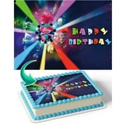 TNCT Trolls World Tour Edible Cake Image Topper, Personalized 1/4 Sheet Birthday Cake Banner for Parties