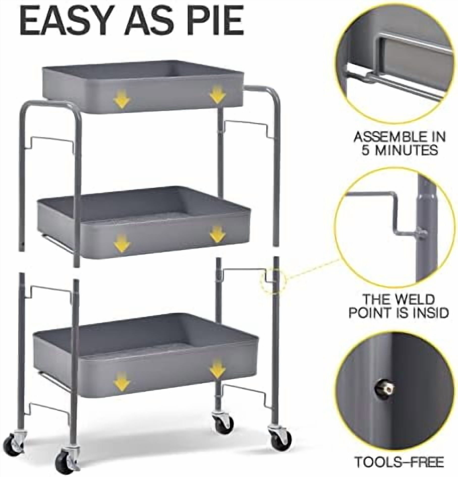 3-Tier Metal Rolling Cart with Wheels, Storage Utility Organizer Cart for Kitchen, Bathroom, Office, Baby Essentials & Makeup - Lockable Casters, Easy Assembly, Large Capacity, Gray