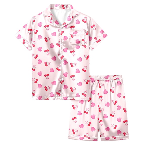 oqasdz Girls Outfits Cartoon Cherry Print Silk Short Sleeve Shirts and Shorts Cute Heart Design Home Outfit For Kids Comfortable Soft 2 Piece Set