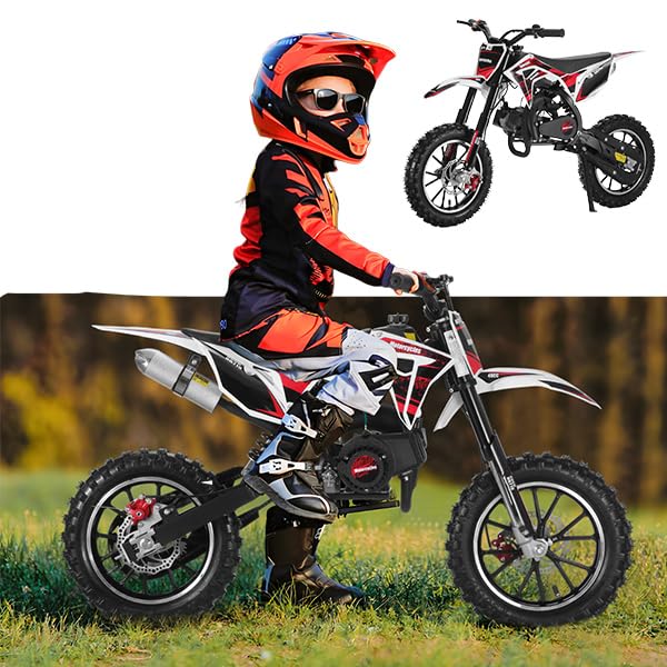 Floseru 49cc High Power Kids Dirt Bike, 2-Stroke Mini Motorcycle Gas Powered Trail Bike - Mini Dirt Bikes with Hydraulic Shock Absorbers 220LBS Capacity 12-18 Miles Range 40KM/H