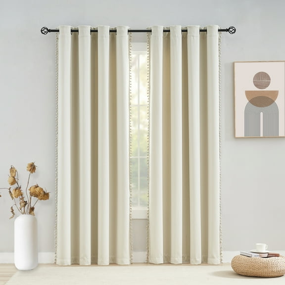 Flowpartex Pom Pom Blackout Curtains Beige Solid Light Blocking Energy Efficient Grommet Drapes for Bedroom 52"Wx95"Lx2