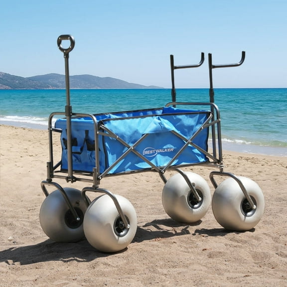 CRESTWALKER Beach Wagon with 13'' Balloon Tires and Chair Racks, Collapsible Cart with Big Wheels for Sand, Pump Included