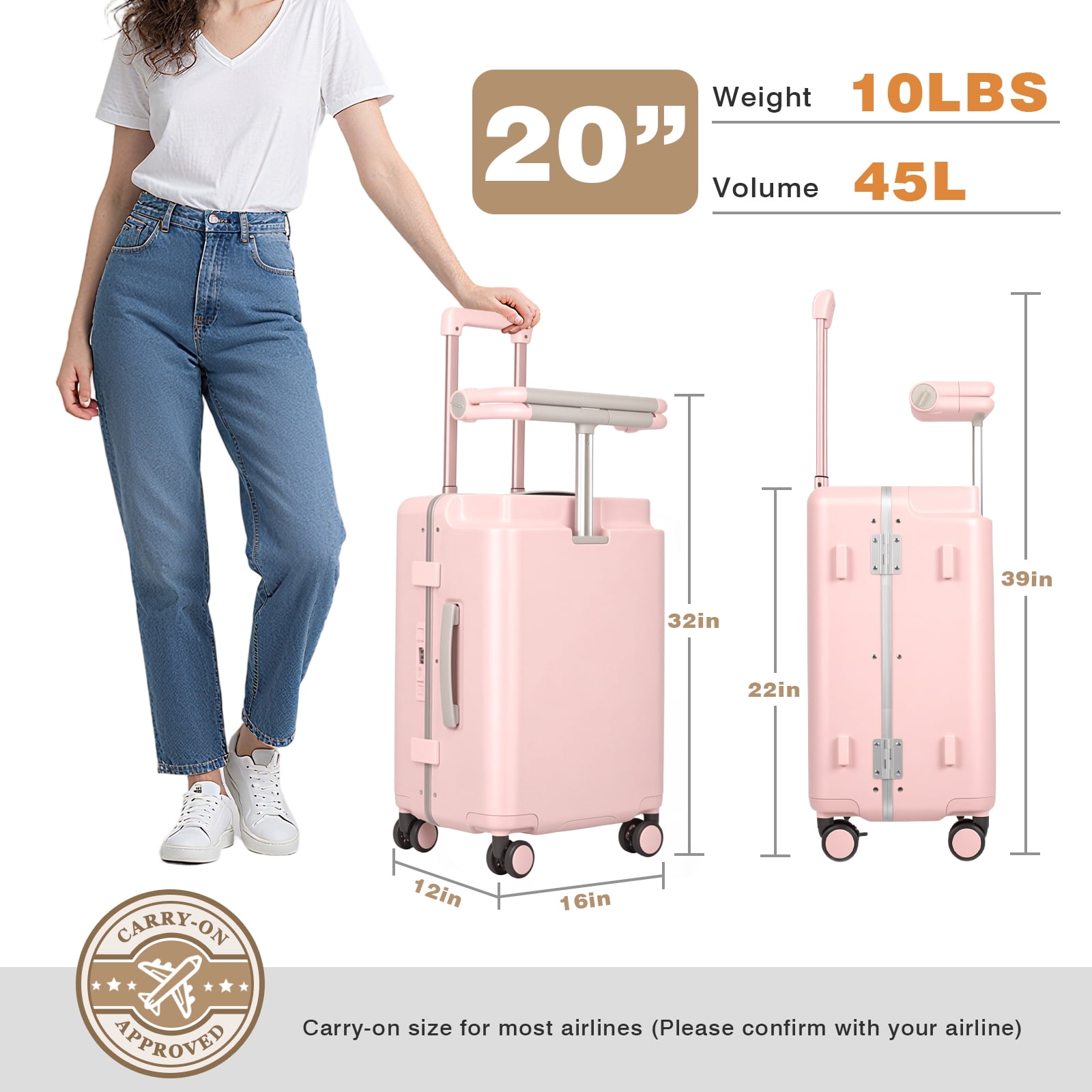 Advwin 20" Ride On Luggage with Foldable Seat, Cup/Tablet Holder, 6 PCs Packing Cube Set & TSA Lock, Hard Shell PC Spinner Travel Suitcase for Kids & Adults, Pink
