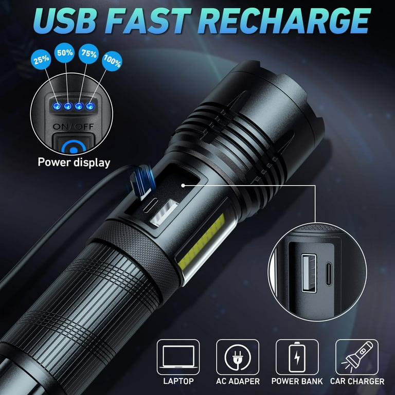 90,000 Lumen Rechargeable LED Flashlight – Super Bright Tactical Flashlight With COB Light, 7 Modes, IPX7 Waterproof