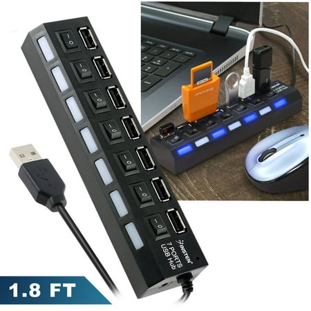 Insten 7-Port USB Hub Port 2.0 High Speed with ON / OFF Switch Adapter LED Light (with 21