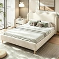 thumbnail image 1 of YUSAZENS Queen Size Wave Design Upholstered Bed Frame with Winged Side Panel, Floor Standing Soft Platform Bed, Sturdy MDF Structure No Box Spring Needed, Modern Bedroom Furniture Beige, 1 of 3