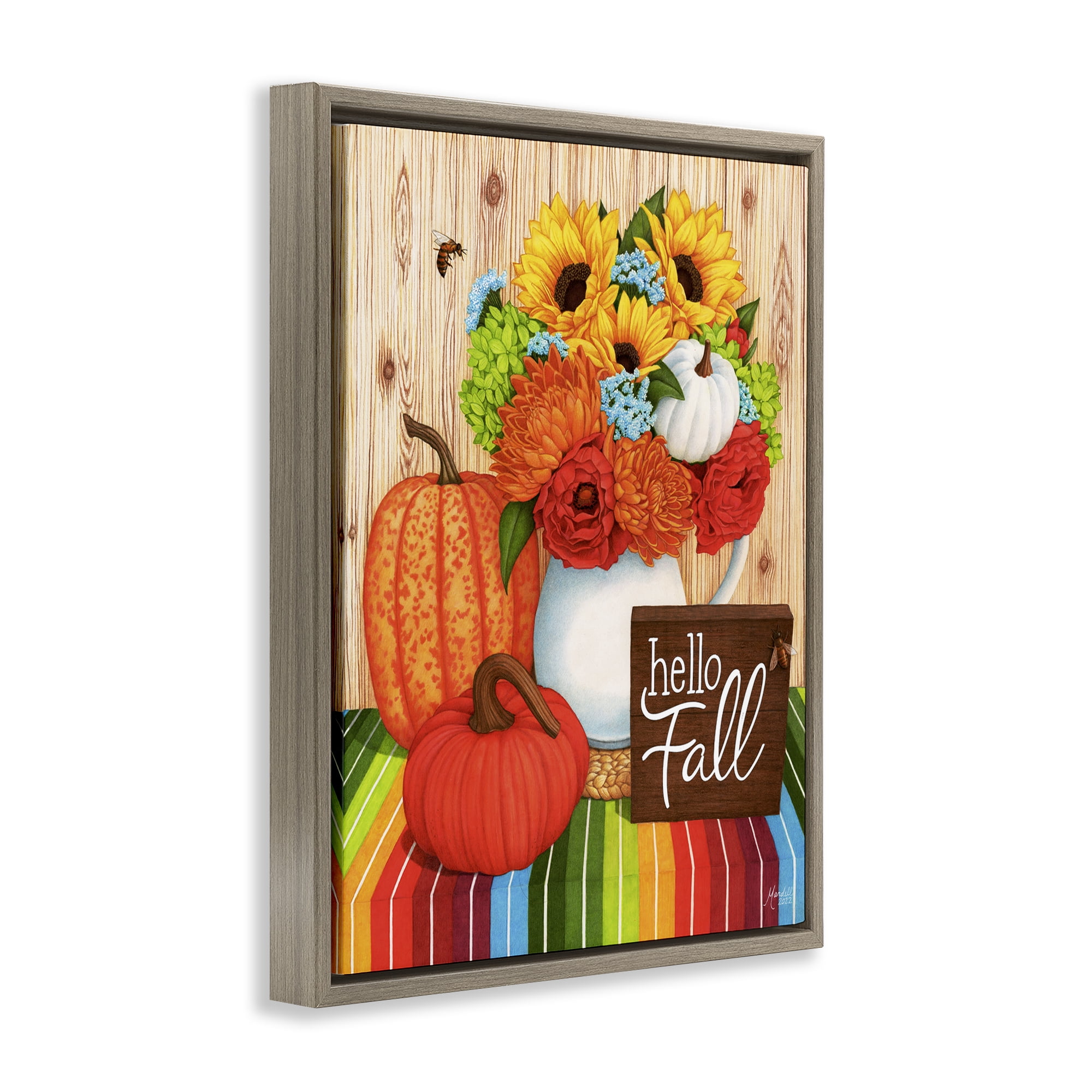 Stupell Industries Hello Fall Rainbow Pumpkins Holiday Painting Brown Floater Framed Canvas Art Prints Wall Art, 25 x 31