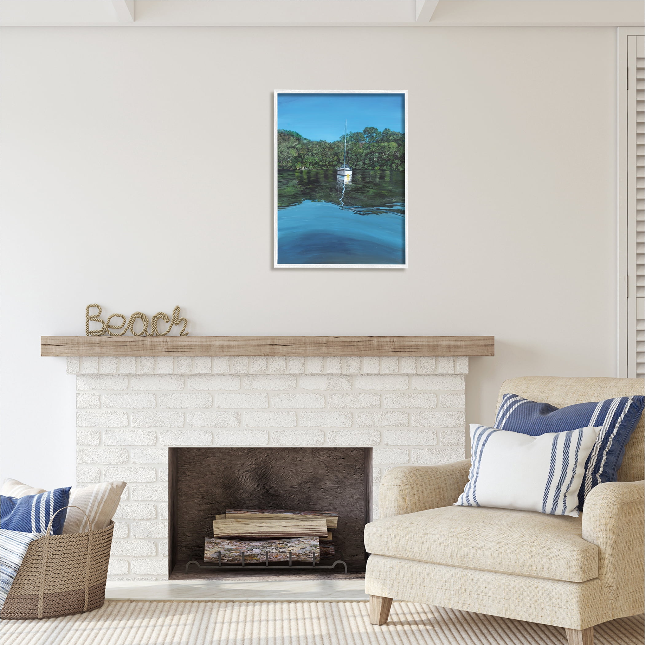 Stupell Industries Boat on Sea Ripples Transportation Painting White Framed Art Print Wall Art, 24 x 30