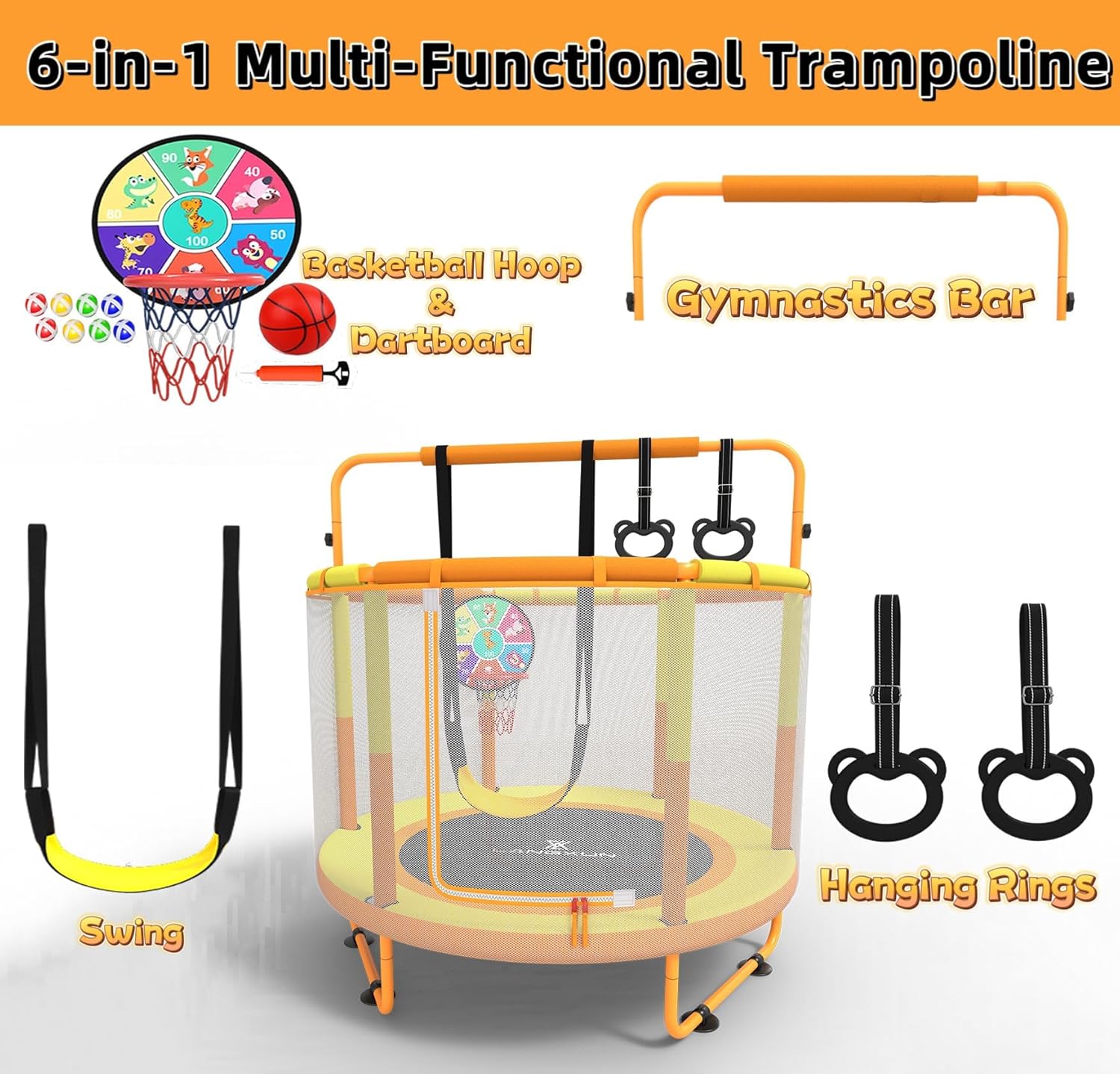 LANGXUN 5ft 60 inch 6-in-1 Kids Trampoline, Toddler Mini Bouncer with Swing, Basketball Hoop, Dart Board and Ring Game, Indoor Outdoor Play Set for Boys Girls