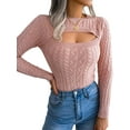 thumbnail image 1 of Qmyliery Women's Cutout Knit Tops, Fashion Long Sleeve Cable Knit Round Neck Slim Fit Sweaters, 1 of 6