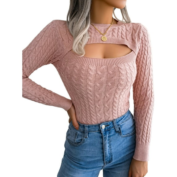 Qmyliery Women's Cutout Knit Tops, Fashion Long Sleeve Cable Knit Round Neck Slim Fit Sweaters
