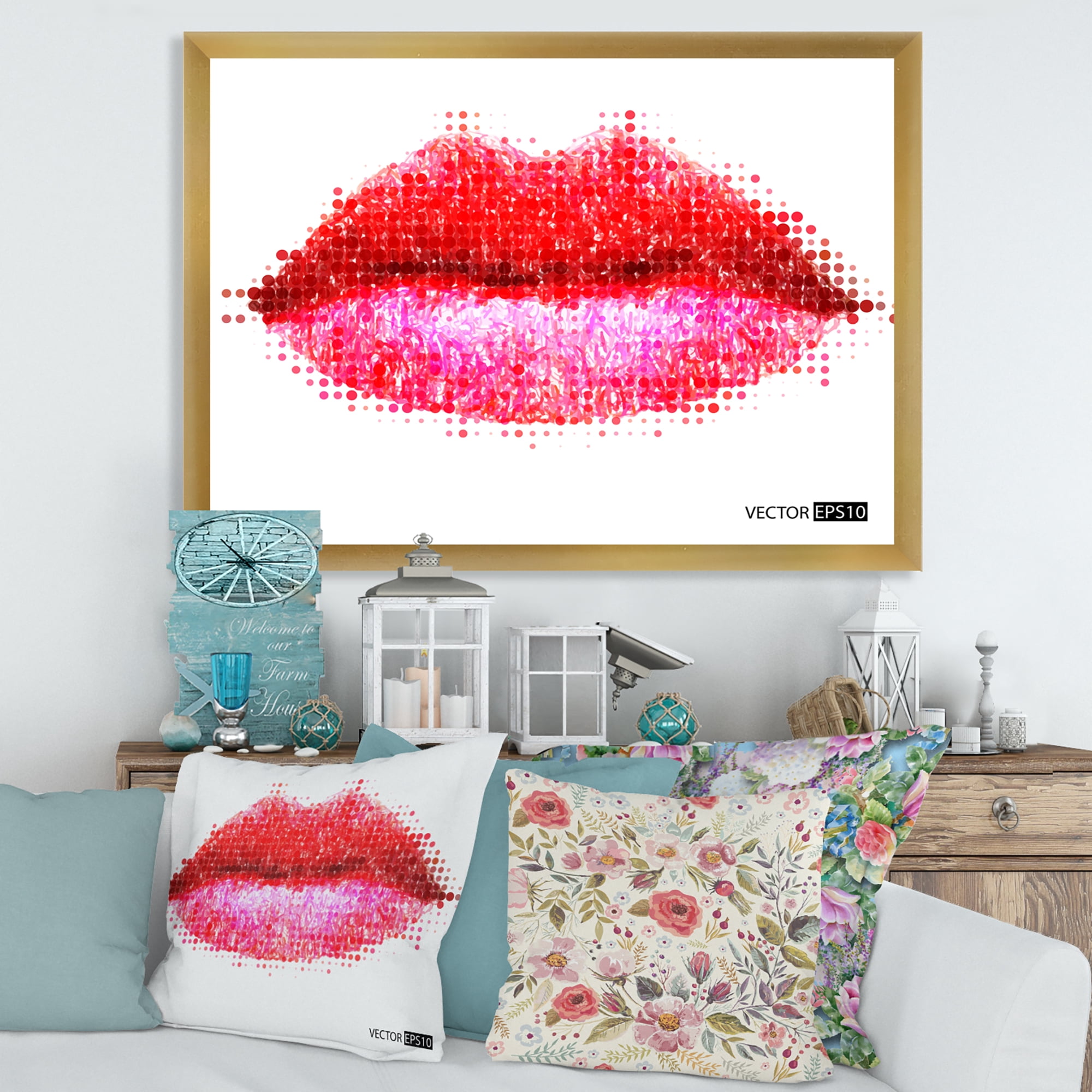 Designart 'Abstract Red Woman Lips in Pixels' Modern Framed Art Print