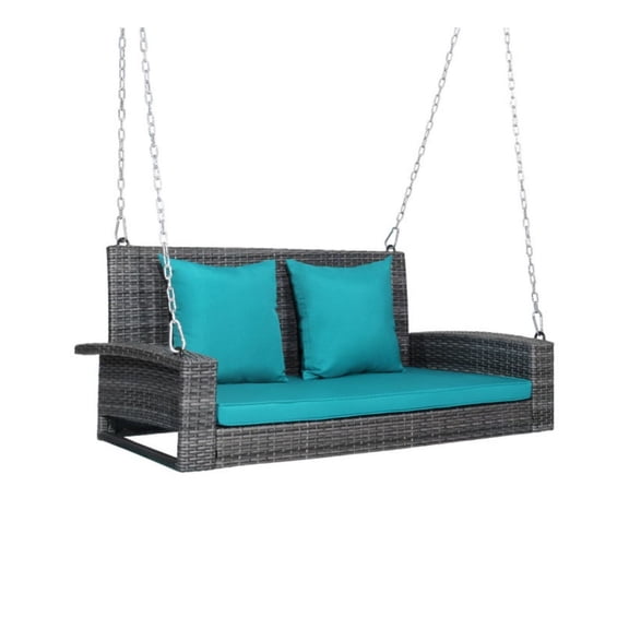 Wicker Porch Swing 2-Person, Outdoor Hanging Swing Chair with Cushions, Adjustable Reclining Chairs with Ottoman, Foldable Patio Sling Chairs