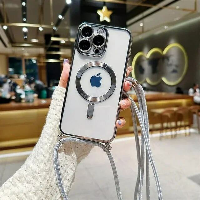 Crossbody Lanyard Clear Magnetic Case For iPhone 15 14 13 12 11 Pro Max Plus For Magsafe Soft TPU Electroplated Back Cover