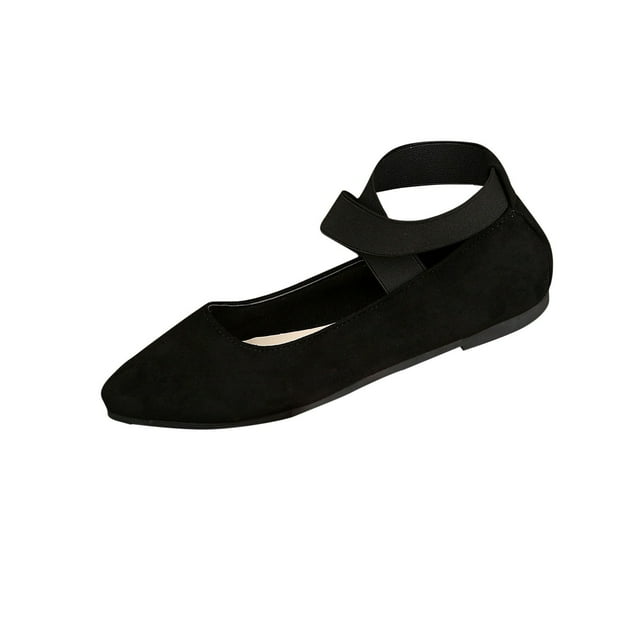 Flat Sandals for Womens Ankle Cross Elastic Straps Pointy Toe Suede Solid Color Spring Fall Summer Flats Black