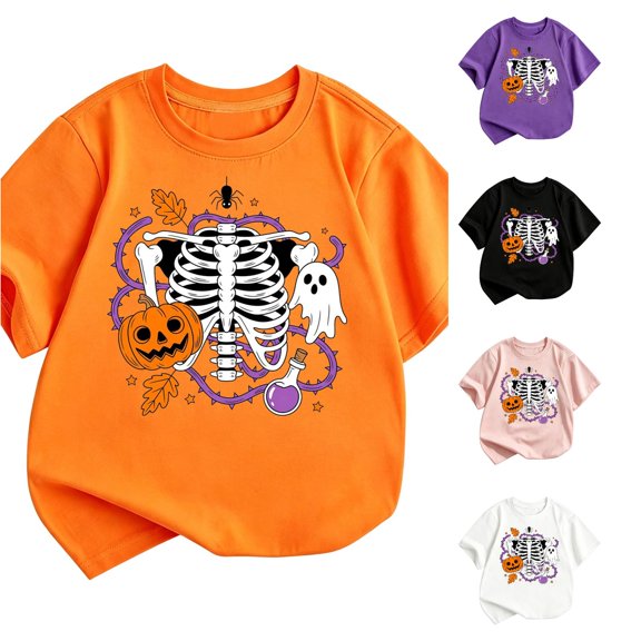 Zylarhe Kids Halloween T Shirt Short Sleeve Crewneck for Boys Girls Casual Summer Fashion with Cute Print Orange 9-10 Years