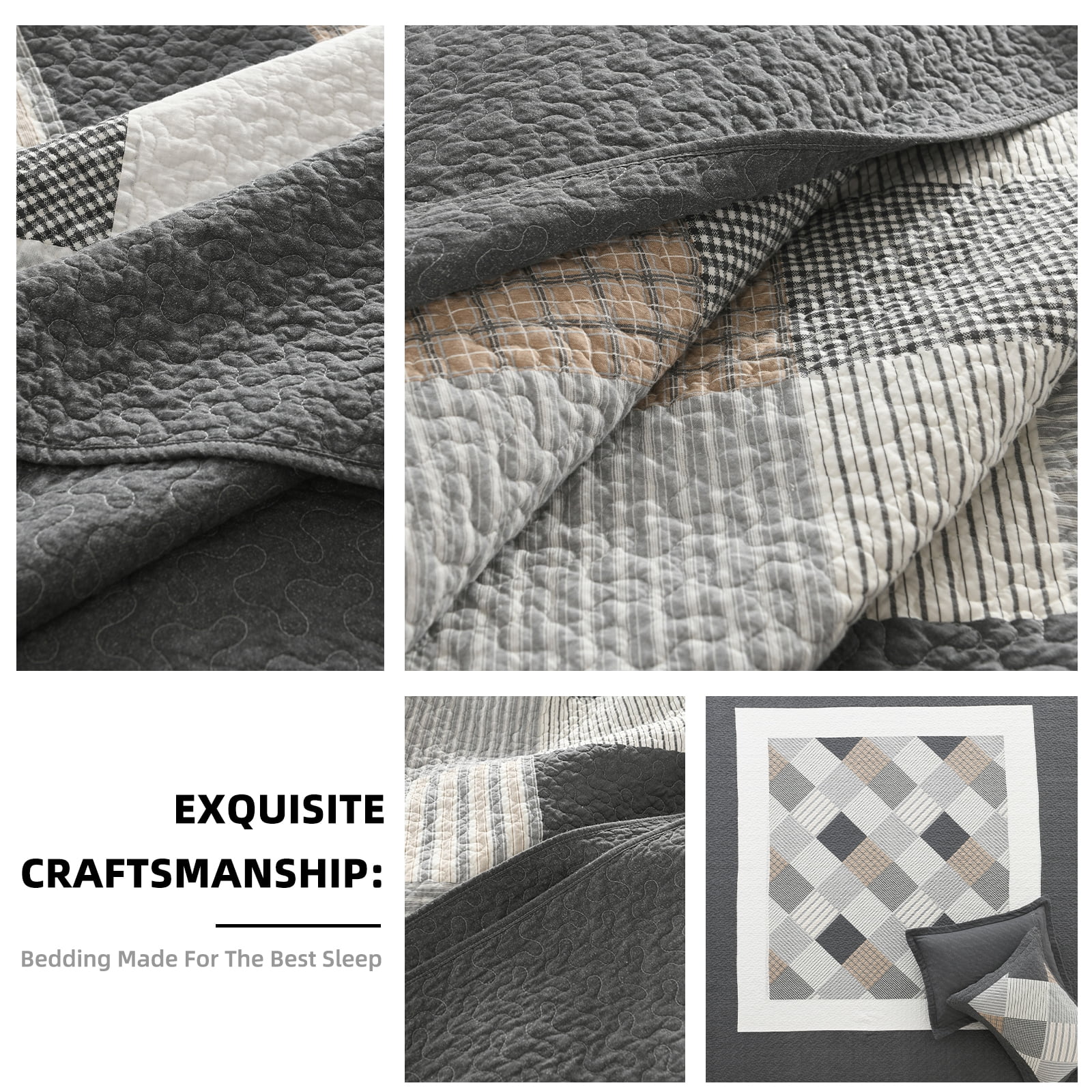 PANGUSHAN 100% Cotton Quilt Set King Size, 3pcs Plaid Bedspread Quilt Bedding Set for King Bed, Reversible Lightweight Comforter Bed Spread for All Seasons, Dark-Gray/White/Brown