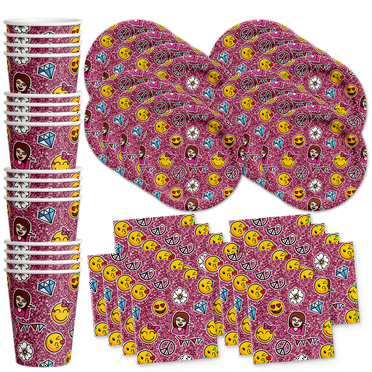 Girl Emoji Pink Faux Glitter Birthday Party Supplies Set Plates Napkins Cups Tableware Kit for 16