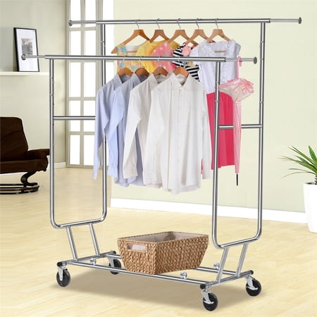 Renwick Metal Rolling Collapsible Double Rail Garment Rack, Silver