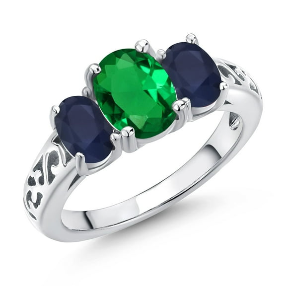 Gem Stone King 925 Sterling Silver Green Nano Emerald and Blue Sapphire Filigree Style 3 Stone Ring for Women (1.86 Cttw, Oval 8X6MM and 6X4MM) (Size 7)