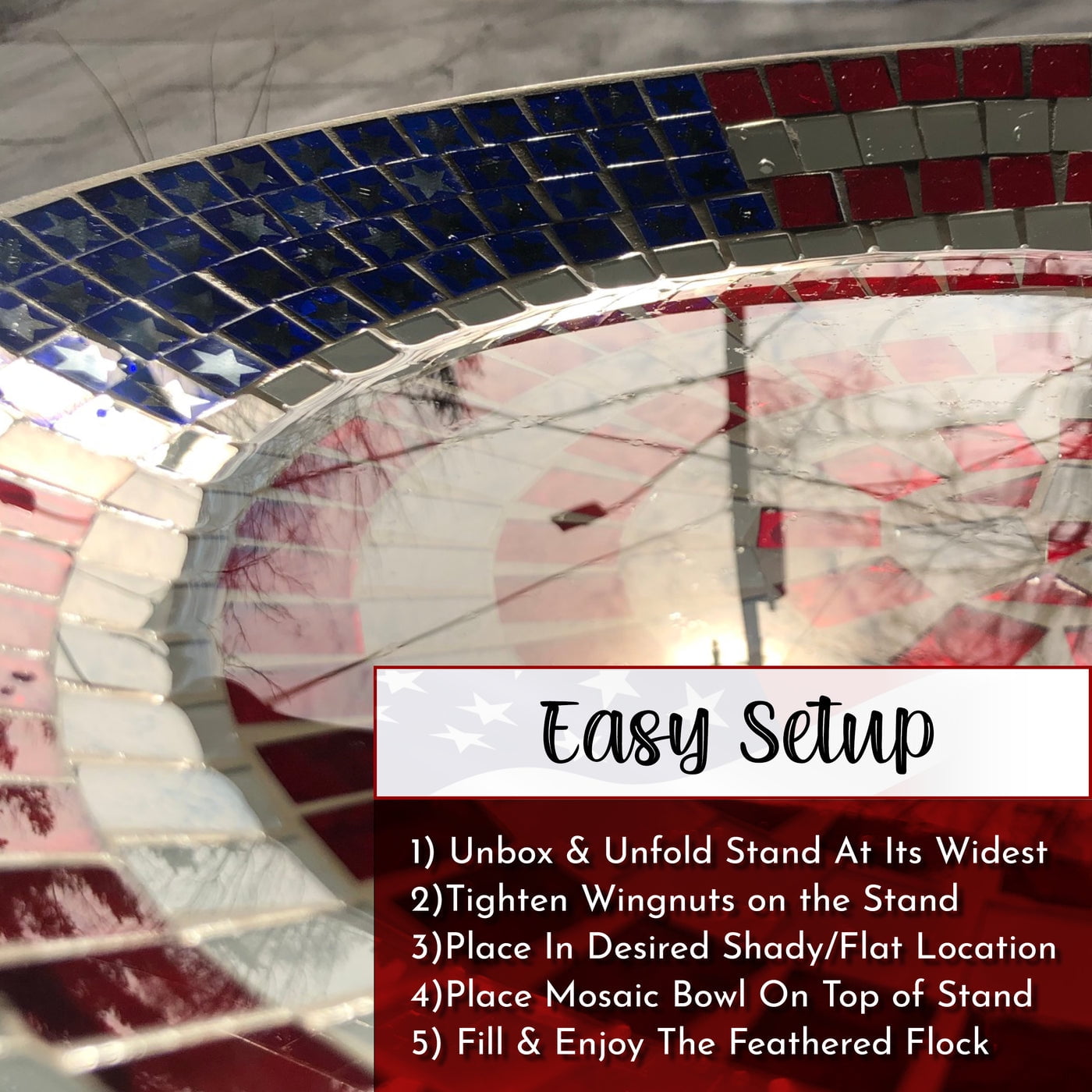 American Flag Mosaic Glass Birdbath With Metal Stand