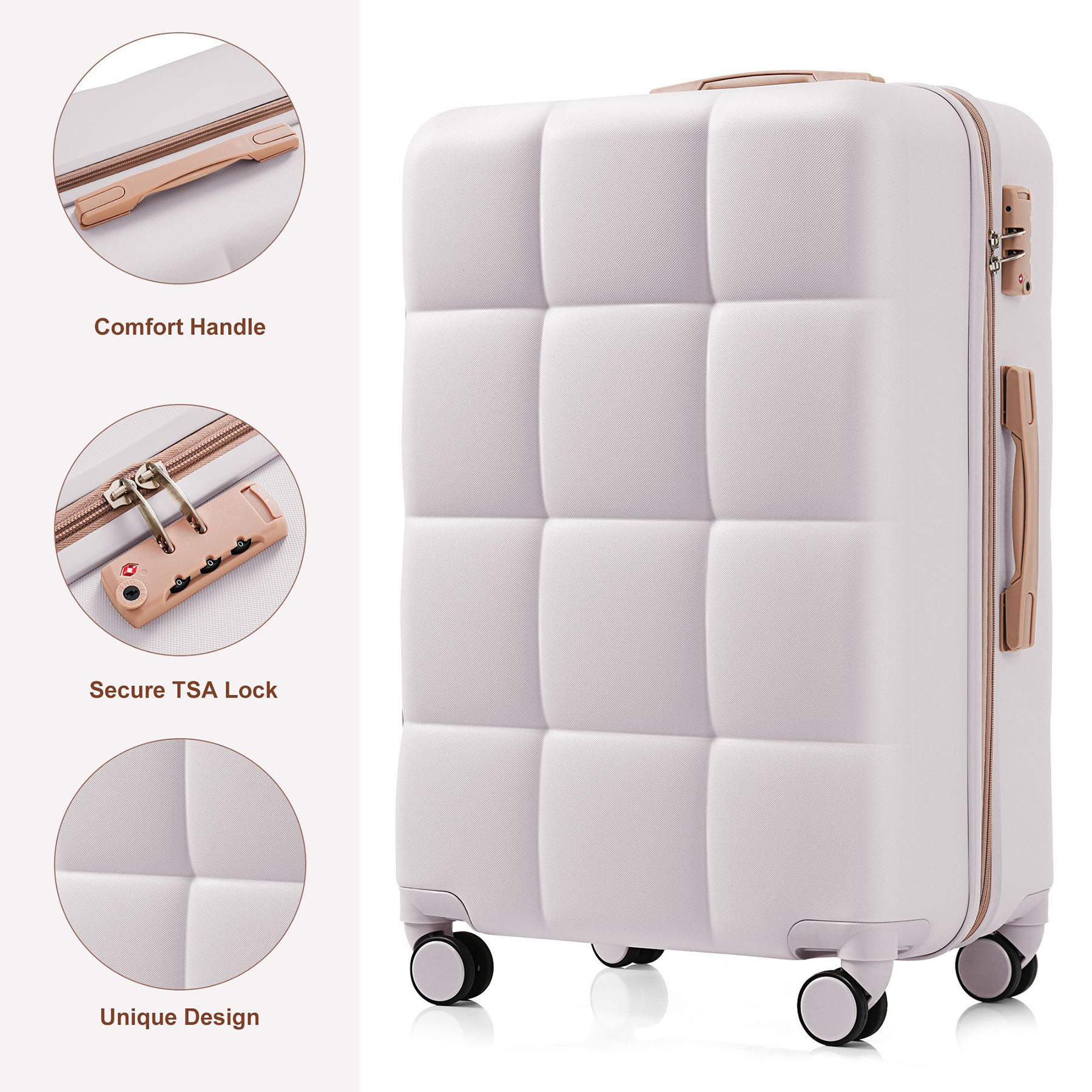 CQSXDA ABS Travel Luggage Set of 3 Airline Certified Carry-on Luggage with Cup Holder Durable ABS Hard Shell Luggage with Smooth Spinner Wheels , LIGHT GREY