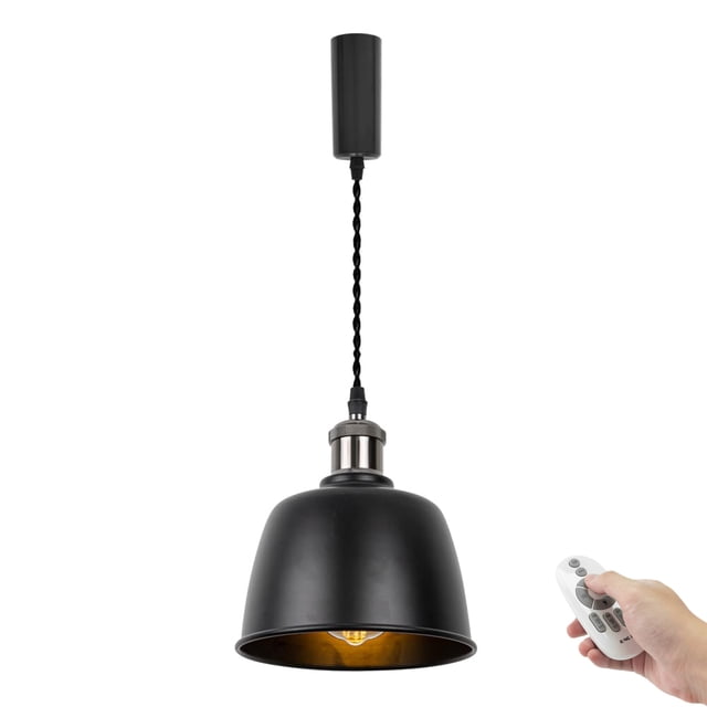 FSLiving Adjustable Height Remote Control H-Type Track Pendangt Light with E26 Pearl Black Base&Black Metal Shade,Dimmable Color Changing Timing Vintage Lamp for Kitchen Sink,Customizable - 1 Light