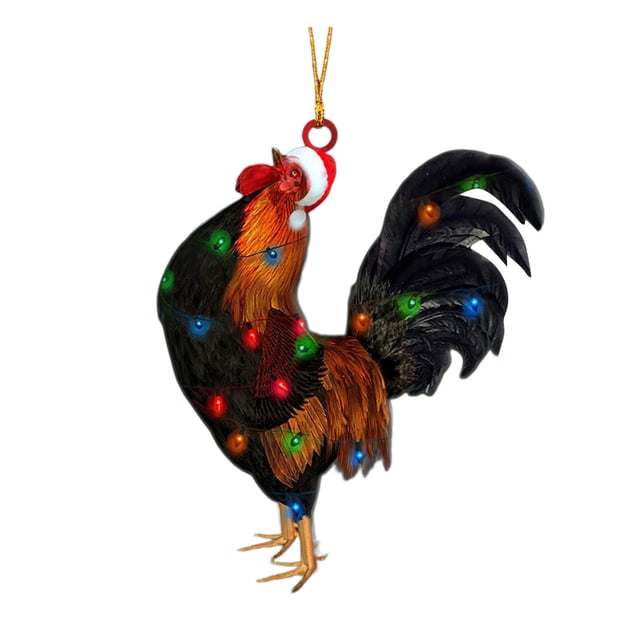 Colgante de pollo navideño 2023, colgante de gallo acrílico, adorno plano para árbol de Navidad
