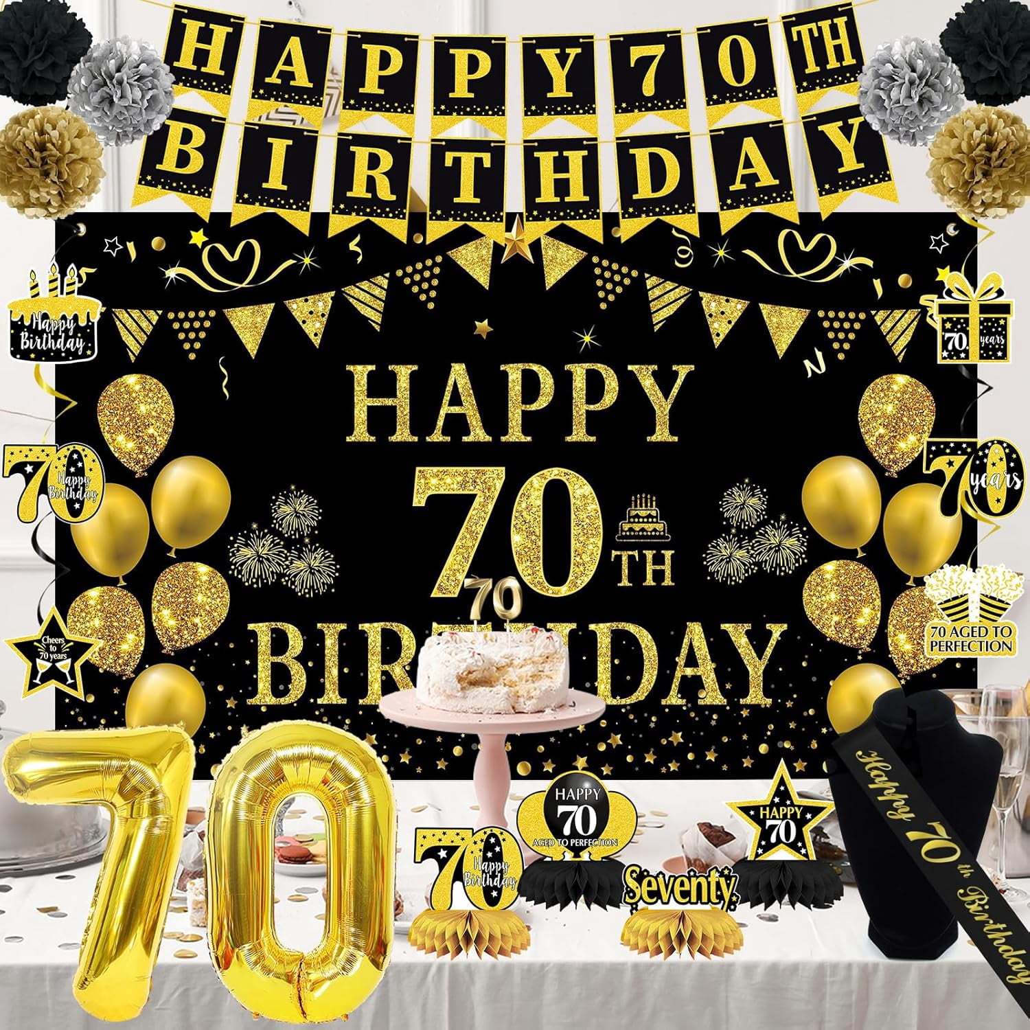 70th Birthday Decorations for Men Women, 22pcs Black Gold Birthday Party Supplies, Banner, Hanging Swirl Flag, 70th Sash&Pompoms, Balloons, 70 Year Old Party Decorations Set