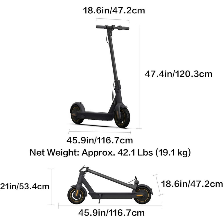 E-Scooter SEGWAY-NINEBOT Max G30D II Engine Power: 350 W Max. Reach: 65 km  Max. Speed: 20 km/h Incline: 20% Charging Time: 6,0 h Battery Capacity: 36V  551 Wh Weight: 19,9 kg Max.