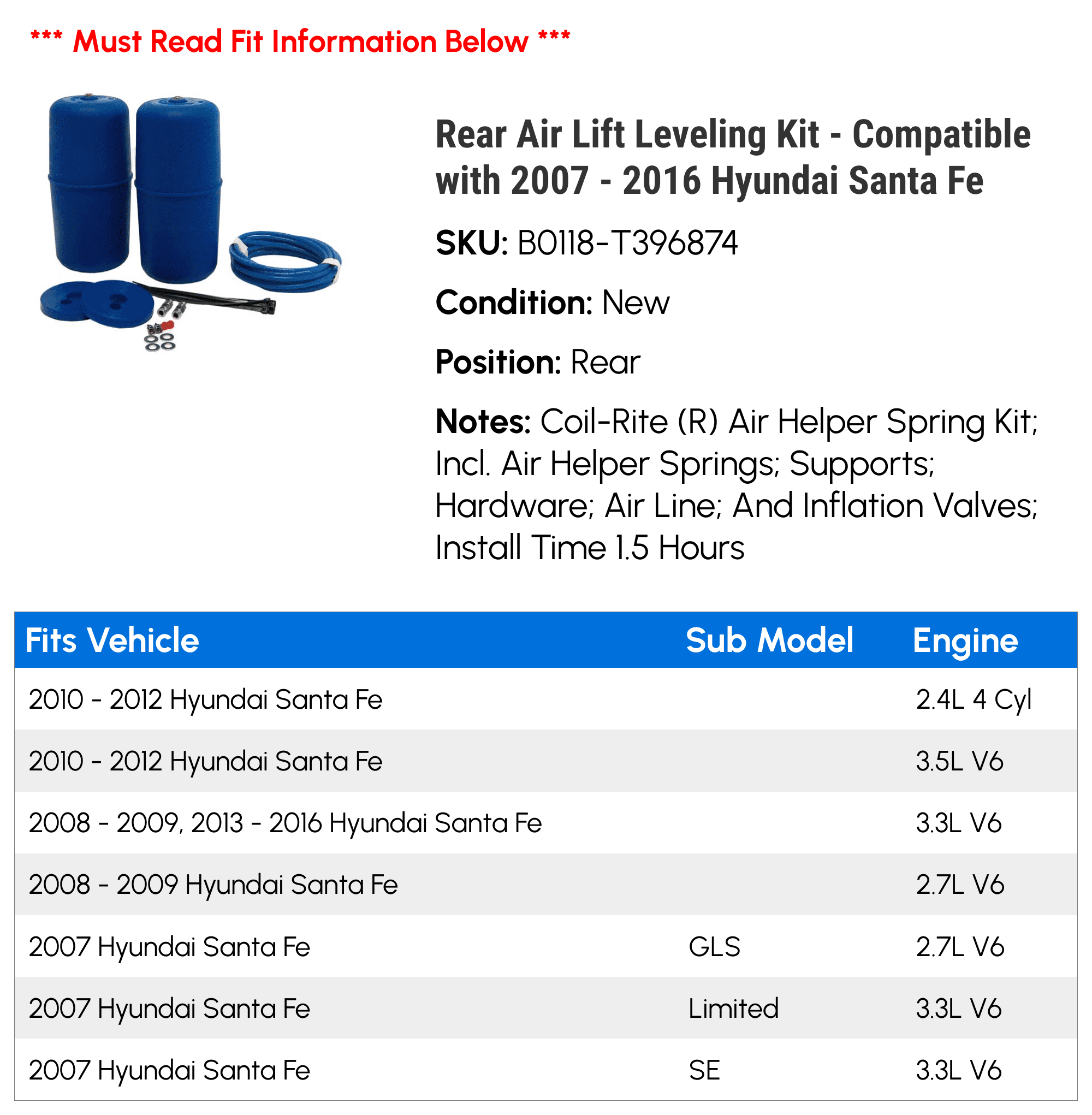 Rear Air Lift Leveling Kit - Compatible with 2007 - 2016 Hyundai Santa Fe 2008 2009 2010 2011 2012 2013 2014 2015