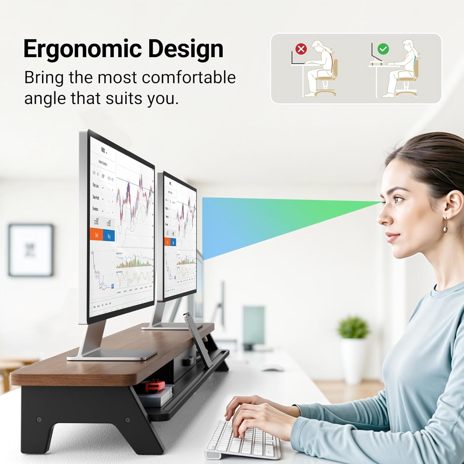 39.4 Inch Dual Monitor Stand with Storage Shelf, 2-Tier Wooden Desk Organizer Riser for Computer, Laptop, Printer and Phone/Tablet