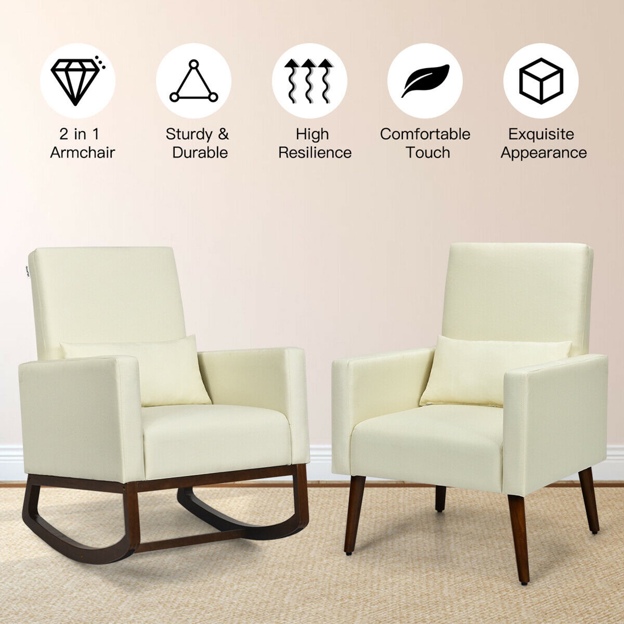 Gymax 2-in-1 Upholstered Rocking Chair Fabric Nursery Armchair with Pillow Beige