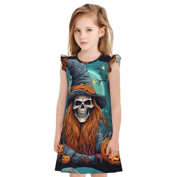 Balery Cartoon Pumpkin Skull Camisón de princesa para niñas, pijama de algodón con mangas abullonadas, suave y bonito.-Small