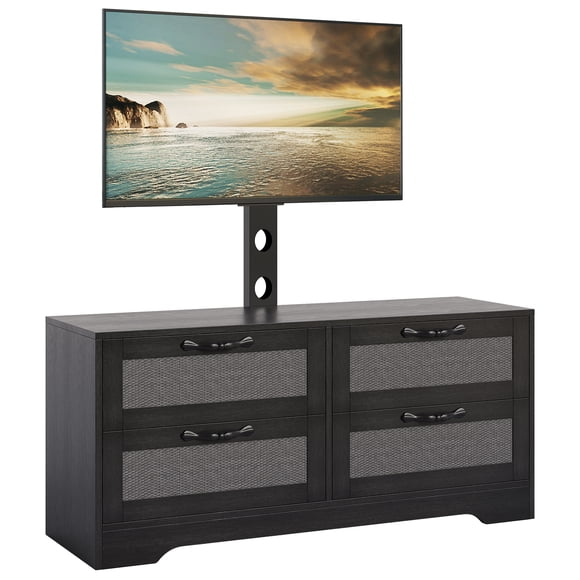 Centro de entretenimiento para TV hasta 70'' – Mueble con 4 cajones y puertas de ratán – Soporte ajustable – Amplio almacenamiento de madera – Acabado negro – Ideal para sala o dormitorio