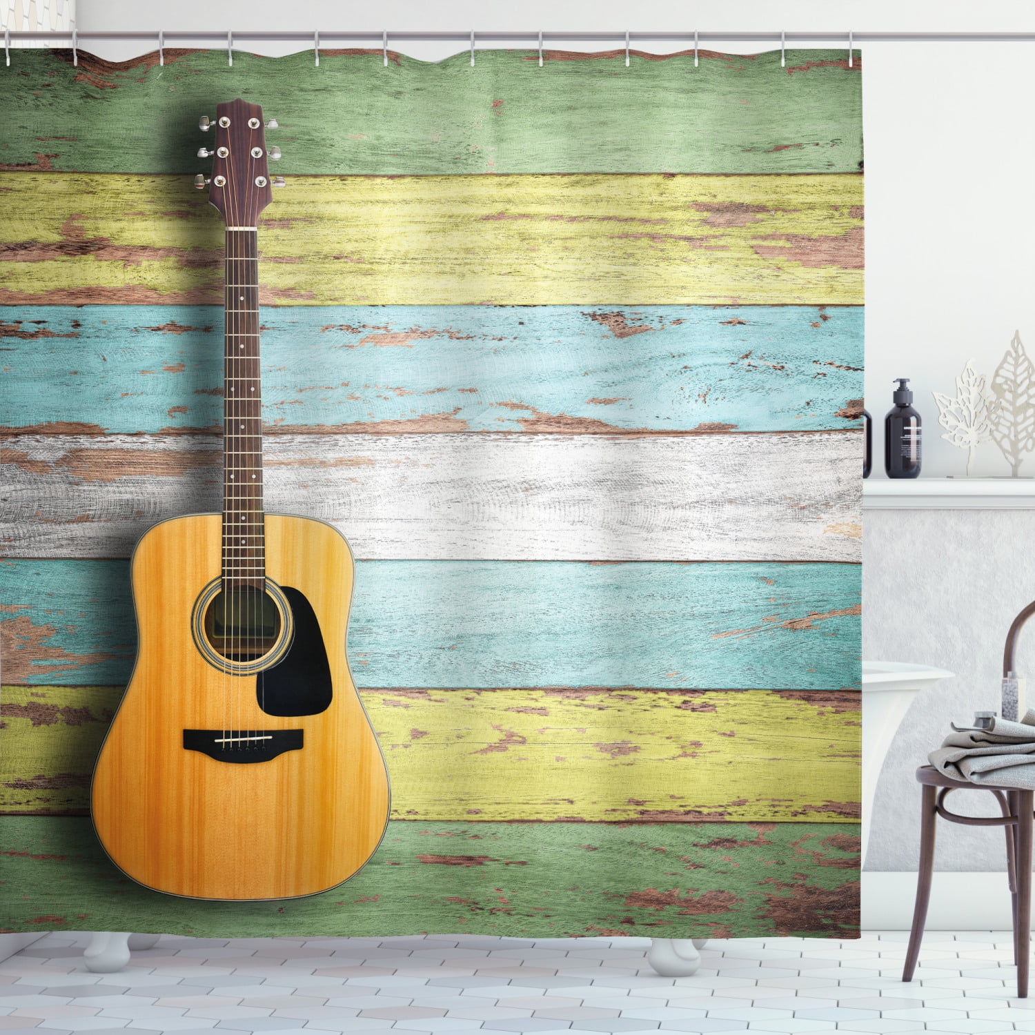 Music Shower Curtain Aged Wooden Planks Rustic Print for Bathroom 