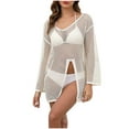 thumbnail image 6 of Trendy SMihono Crochet Swim Coverup for Women, Long Sleeve Bikini Cover ups Swimsuit Beach Hollow Out Mesh Knit Bathing Suit Swimwear Beige Free Size, 6 of 9