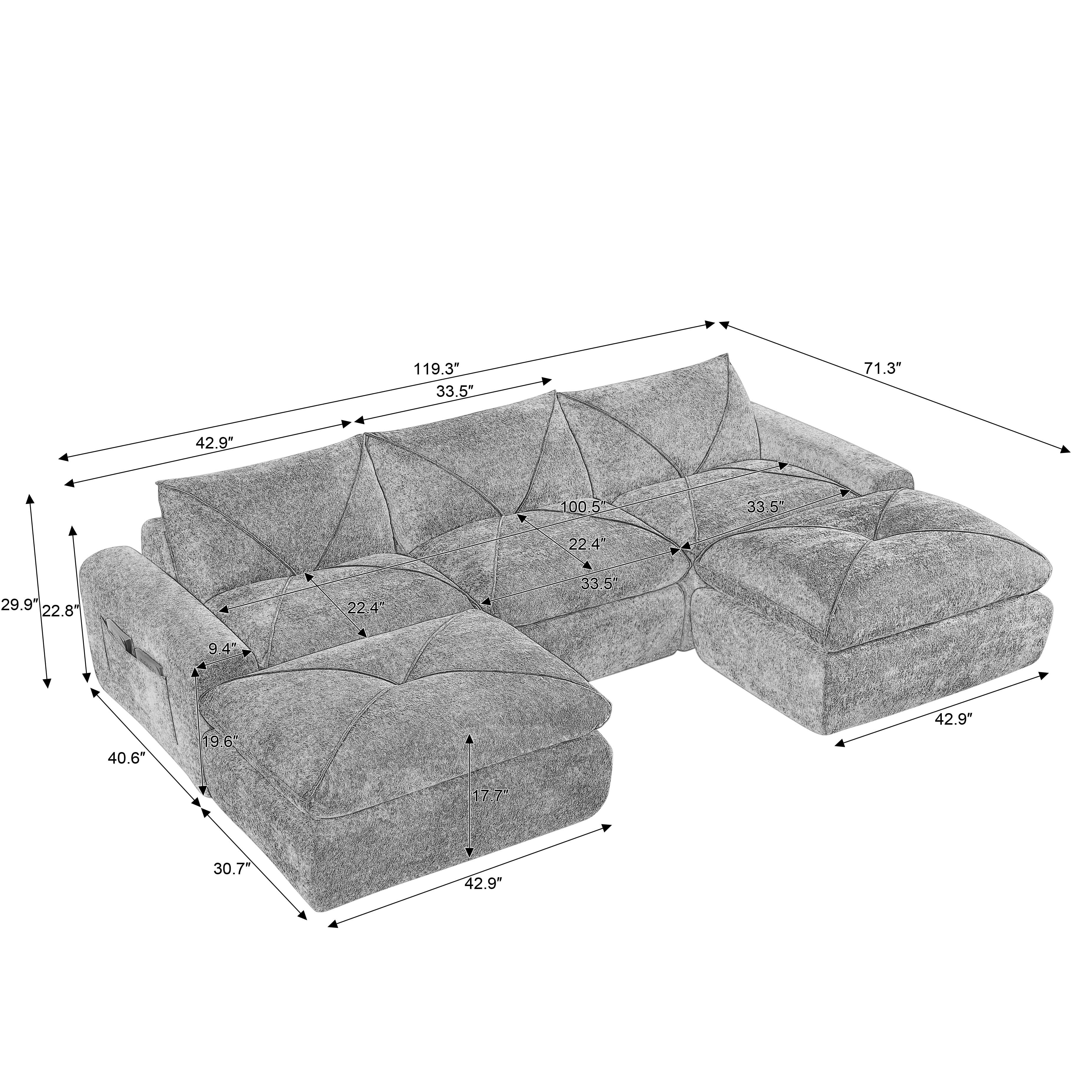 MAYEERTY 119" Dark Gray Chenille U-Shaped Modular Sectional Sofa, Spring Support for Living Room Apartment