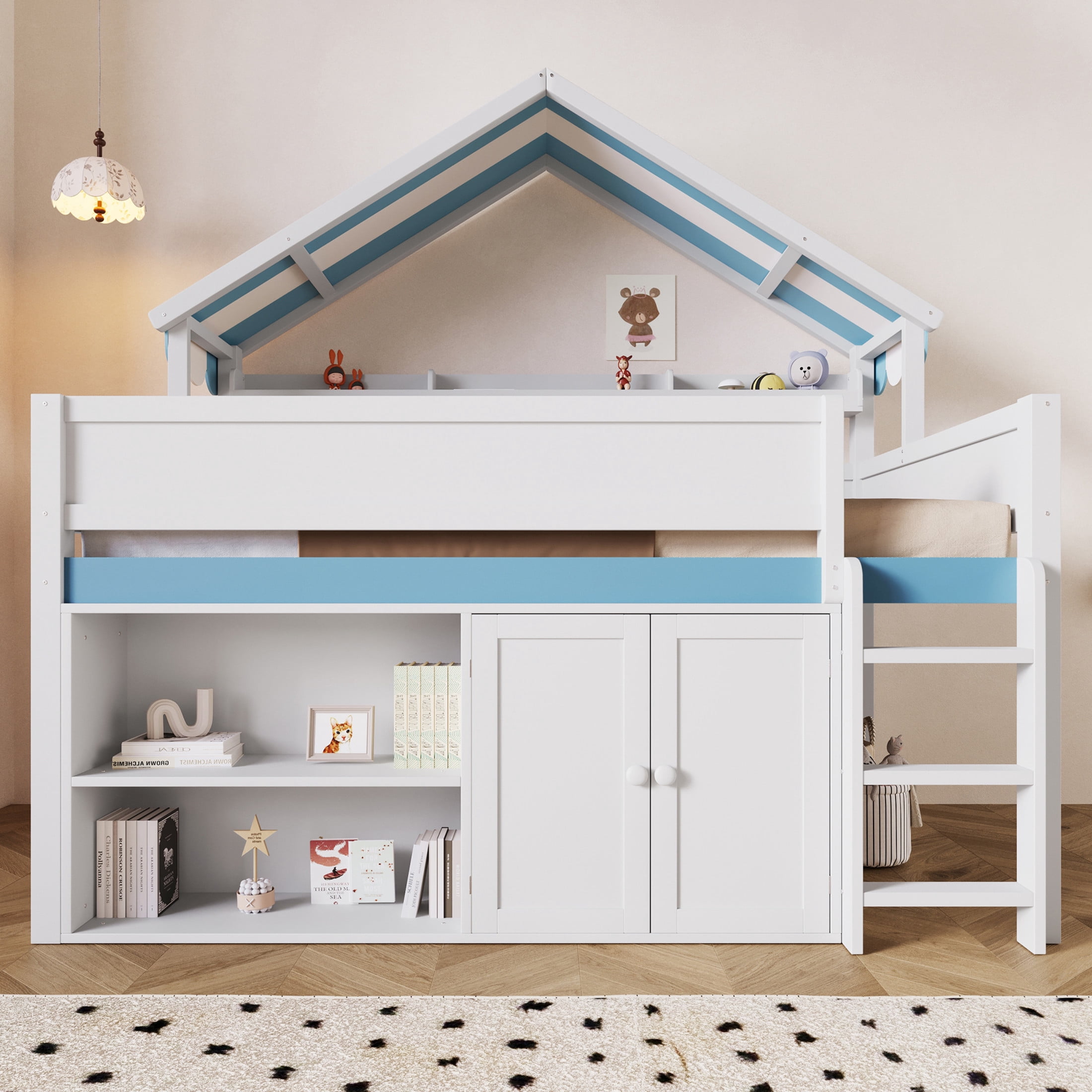 Noble House Devon Full Size Loft Bed, Playhouse Canopy Roof with Storage Cabinet and Shelves, White and Blue