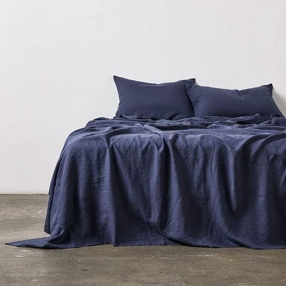 Cloud Fino Linen Comforter, 100% French Flax Solid Comforter, All Season, 300 GSM, Box Stitched, Wrinkle Resistant -Midnight Blue,Full/Queen