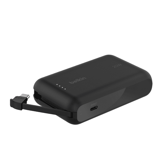 Belkin BoostCharge Portable Power Bank, 2.2in/5.7cm Integrated Cable 10,000mAh PD 20W Fast Charge USB-C Power Delivery, Portable iPhone Charger for iPhone 15 Series, iPad Pro, Galaxy S24 & More Black, BEL 10K 20W CABLE PWRBNK BLK