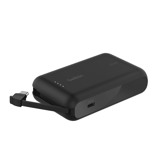 Belkin BoostCharge Banque d'Alimentation Portable avec Capacité de 10 000 mAh et charge Rapide USB‐C de 20 W, Noir, avec Câble USB‐C Intégré de 2,2 Po, Voyants Indicateurs de Batterie à DEL et port USB‐C Entrée/sortie, Convient pour Charger iPhone 15 series, iPad Pro, Galaxy S24 et Plus en Déplacement.