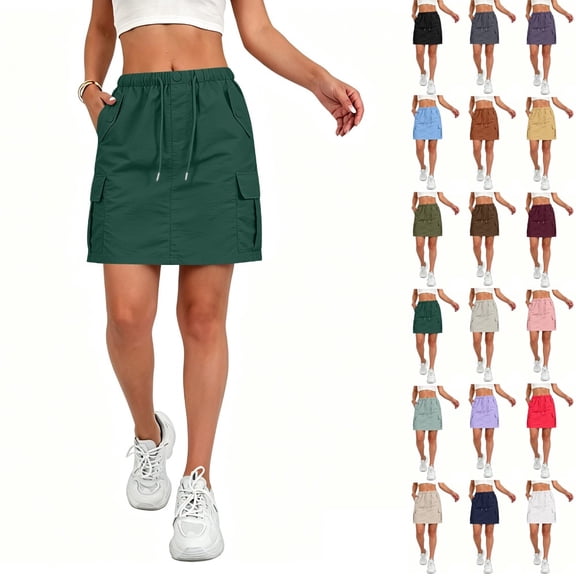 Women Cargo Skirt Fashion High Waist Drawbag Skirt Casual Loose Trendy Mini Skirt With Multiple Pockets for Going Out 15# Dark Green XL