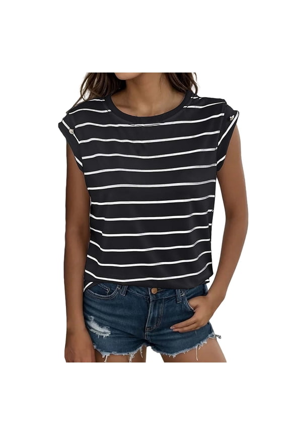 Womens Tops Summer Dressy Casual Raglan Cap Sleeve T Shirts Basic Tee Shirts Trendy 2025 Women's Summer Fashion Round Neck Loose Sleeveless Striped T Shirt Black Xl