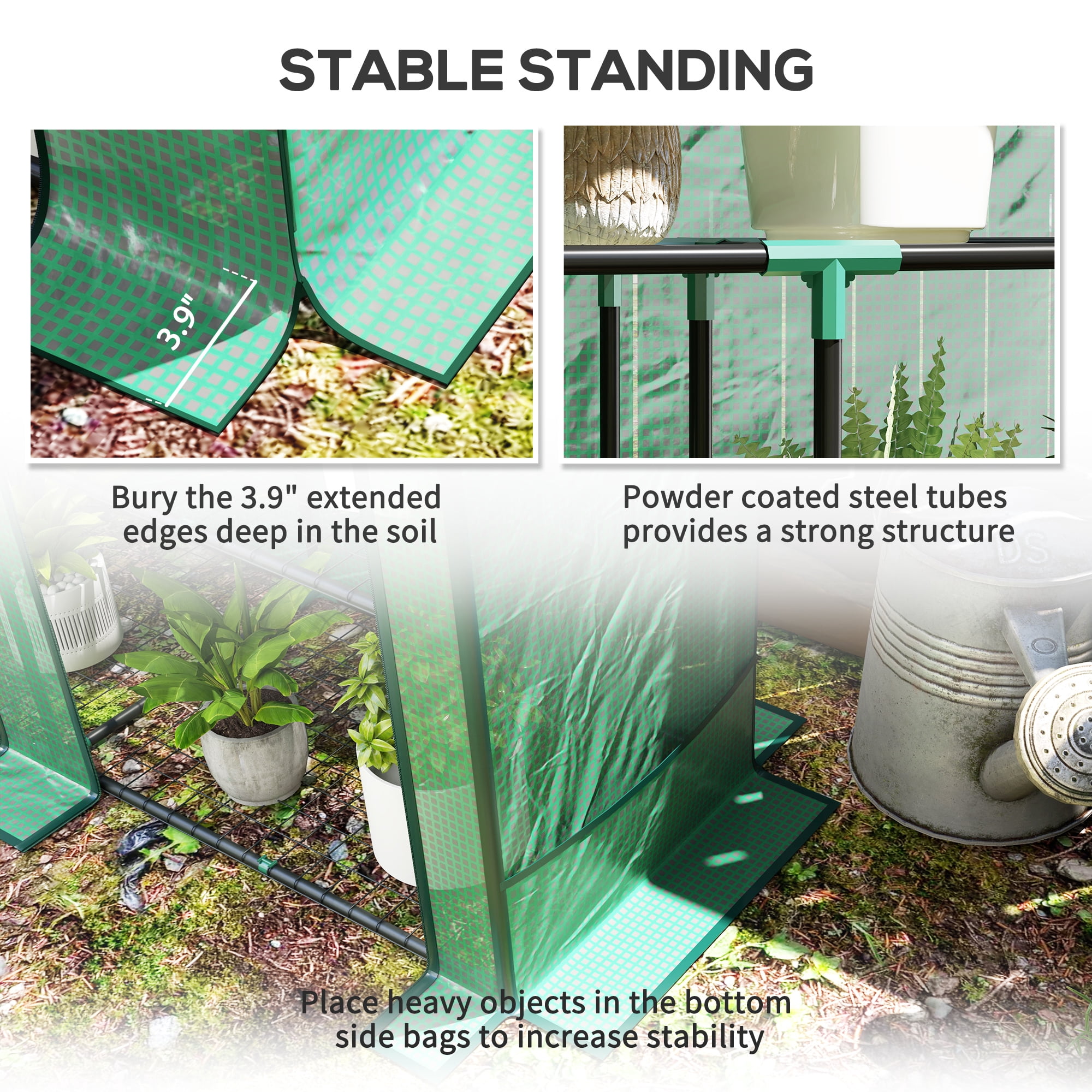 Outsunny 3 Tire Lean-to Greenhouse, Portable Small Greenhouse with PE Cover, 2 Roll-Up Zippered Doors, Green