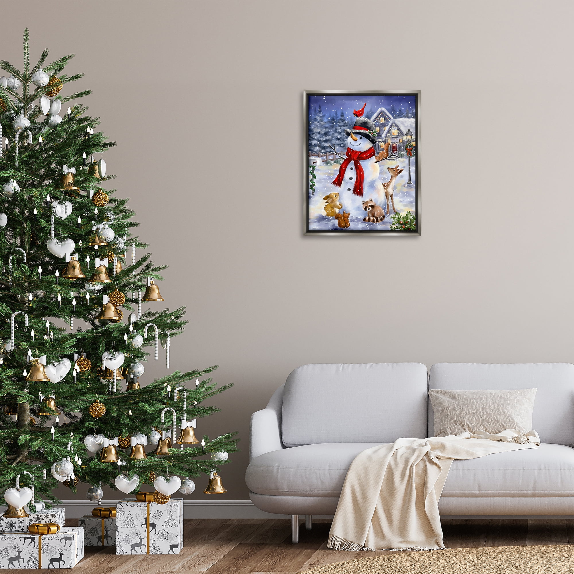 Stupell Industries Snowman & Forest Animals Holiday Painting Gray Floater Framed Art Print Wall Art, 25 x 31