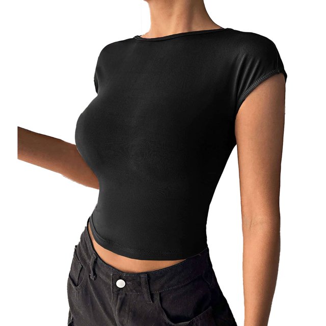 Blusa de manga corta de punto para mujer, elegante, de color liso, ajustada, con cuello redondo, para citas, color negro, L